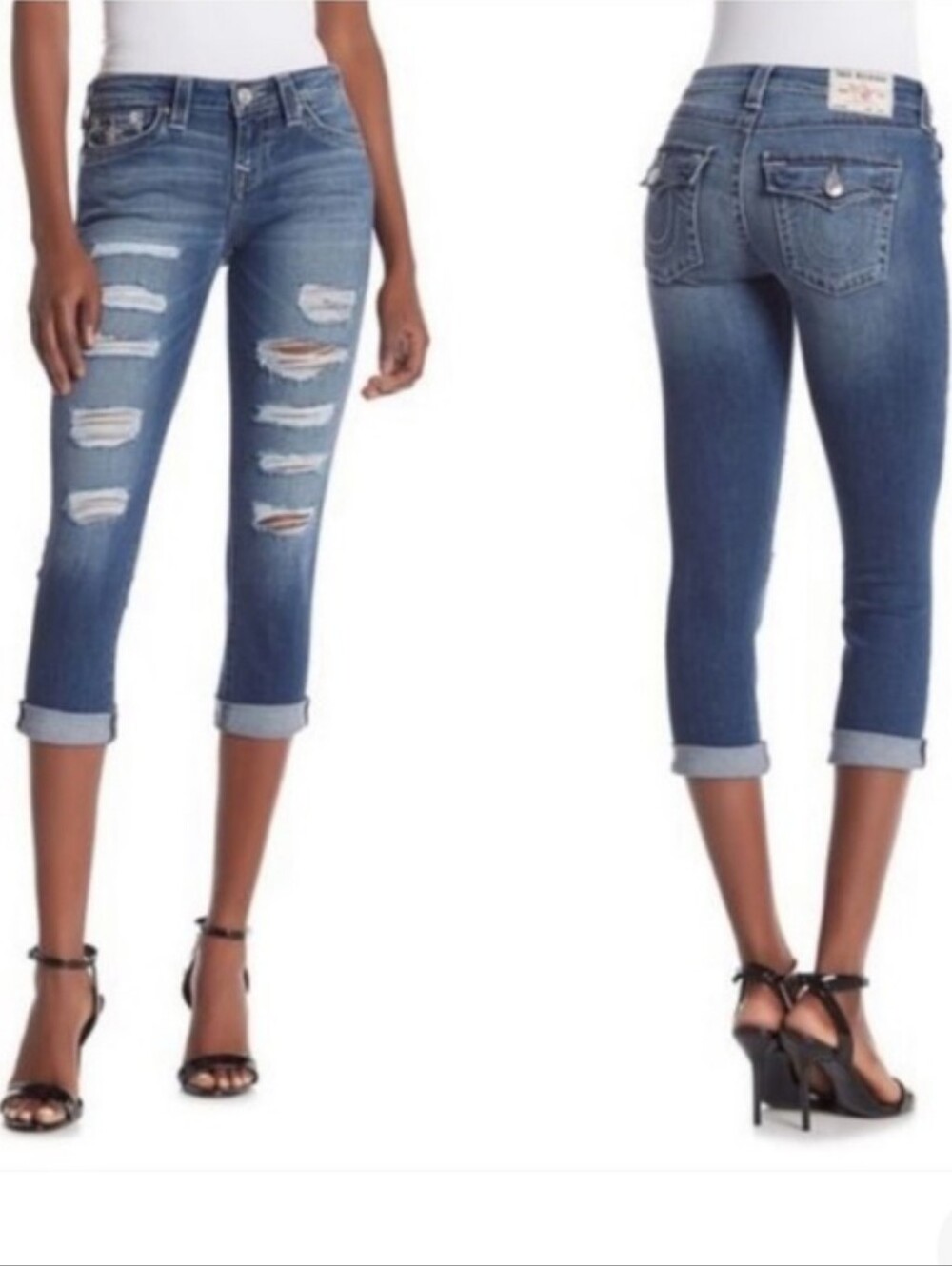 True Religion Jeans 25 Halle Mid Rise Capri Distressed